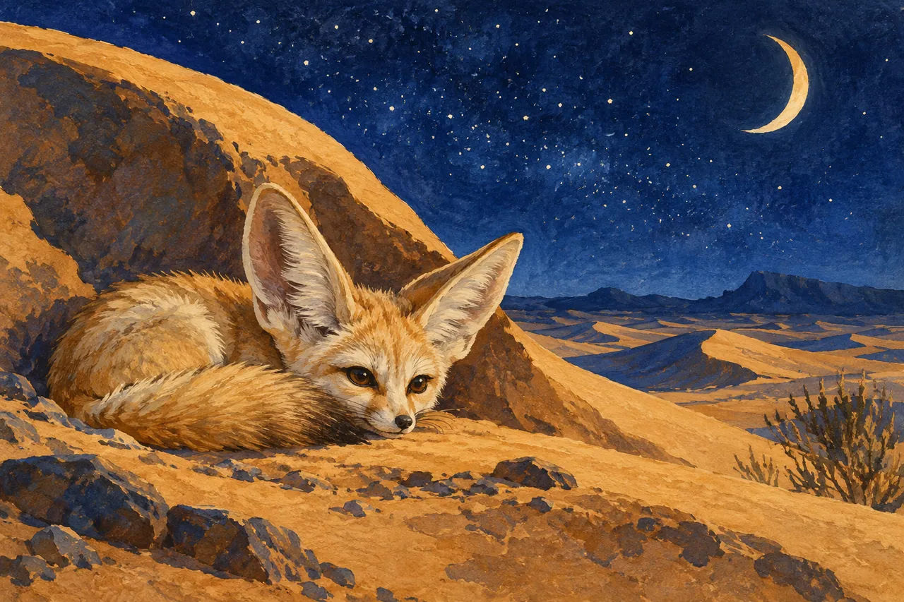 A small fennec fox resting beside a crescent-shaped dune under stars.