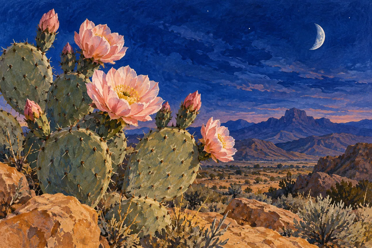 A flowering desert cactus beneath a deep cobalt twilight sky.