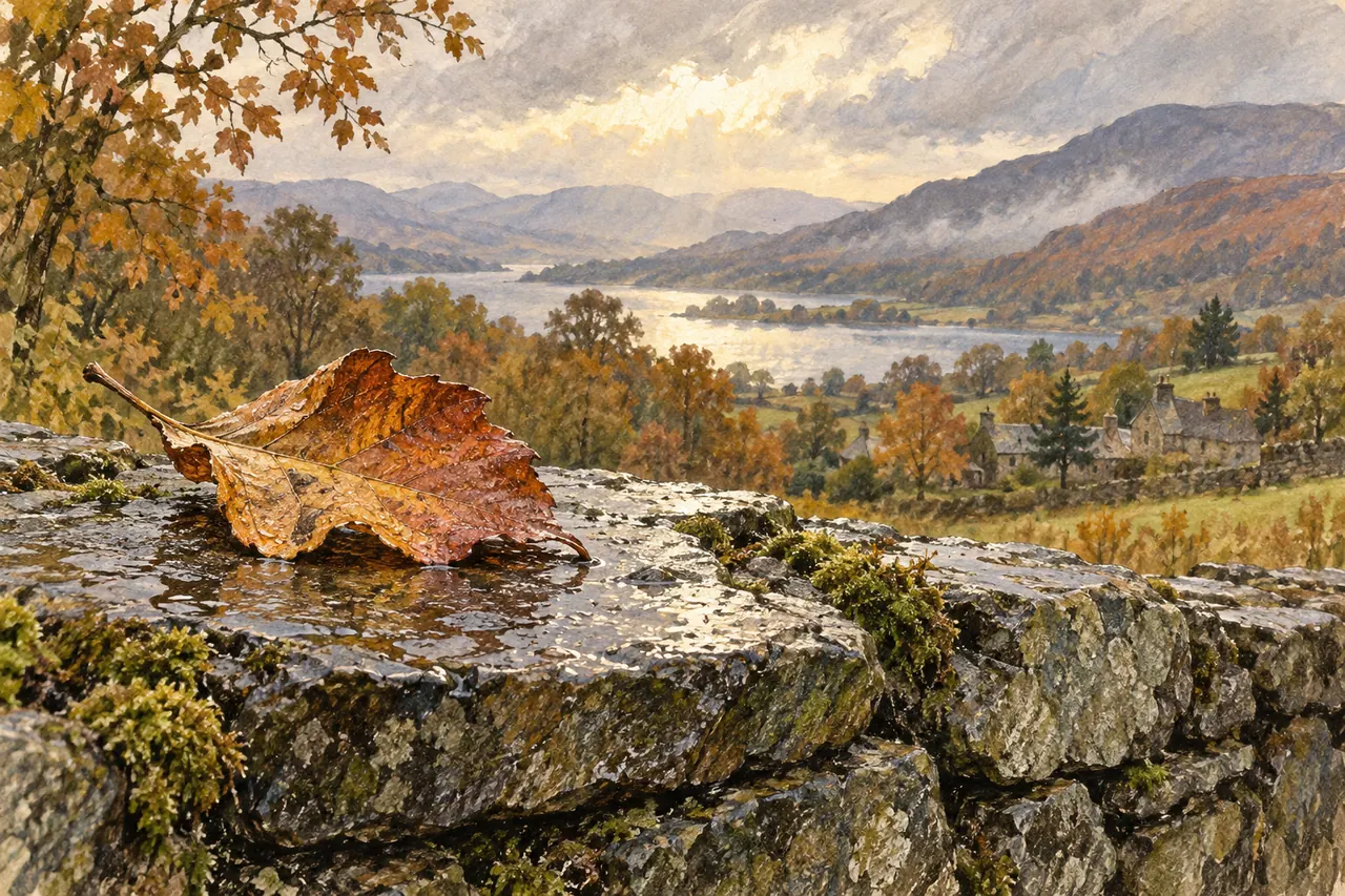 A single curled autumn leaf resting on a wet stone wall after rain.